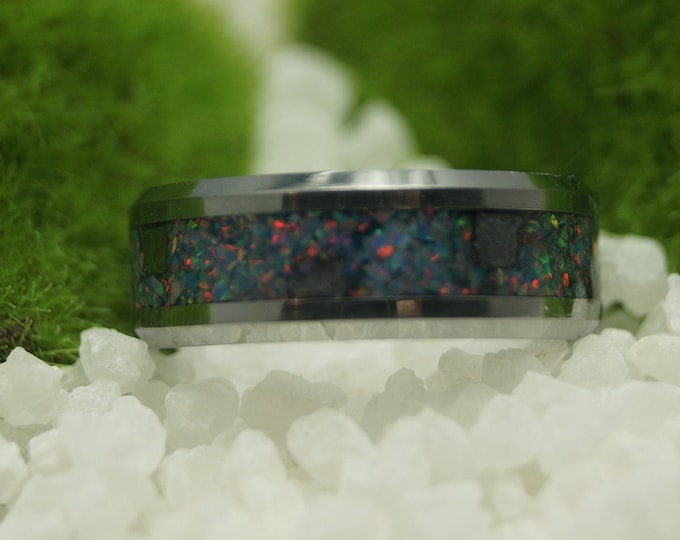 Multi-Teal Opal Galena Tungsten Wedding Band - 4 mm, 6 mm or 8 mm wide ring - Unique Ring