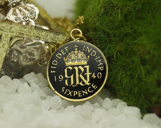 1940 Six Pence - Enamelled Coin Pendant and Chain