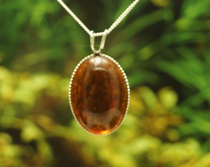 Amber Solid Sterling Silver Milled Edge Pendant and chain (chain options available) - Hallmarked 925 - Gift idea