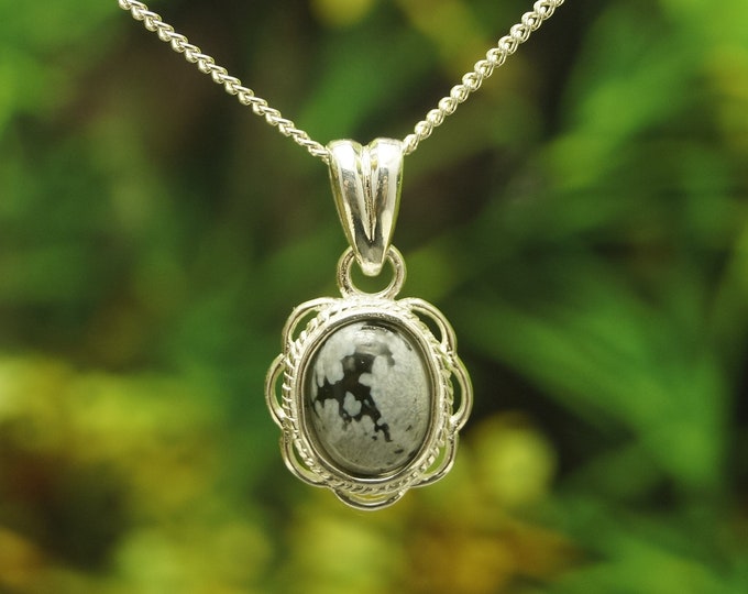 Snowflake Obsidian Solid Sterling Silver Frill Edge Pendant and chain (chain options available) - Hallmarked 925 - Gift idea