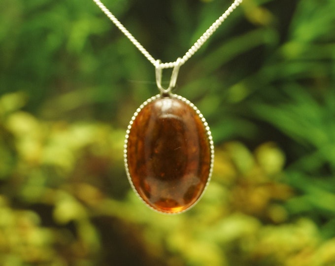 Amber Solid Sterling Silver Milled Edge Pendant and chain (chain options available) - Hallmarked 925 - Gift Idea