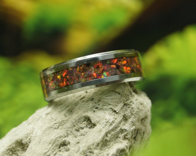 Black Cherry Opal Tungsten Wedding Band - 4 mm, 6 mm or 8 mm wide rings - Unique Ring