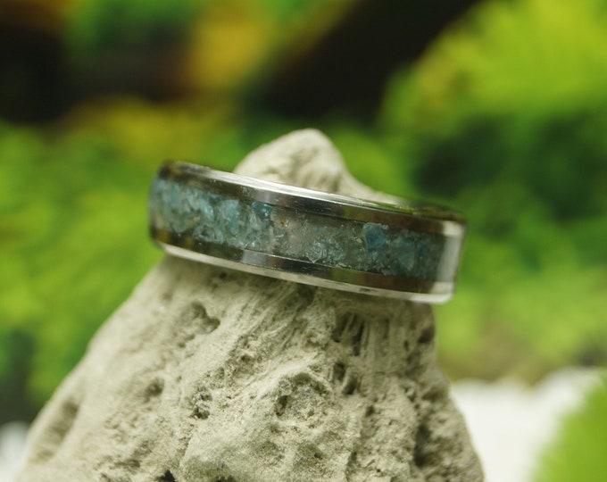 Blue Apatite Tungsten Wedding Band - 4 mm, 6 mm or 8 mm wide rings - Unique Ring