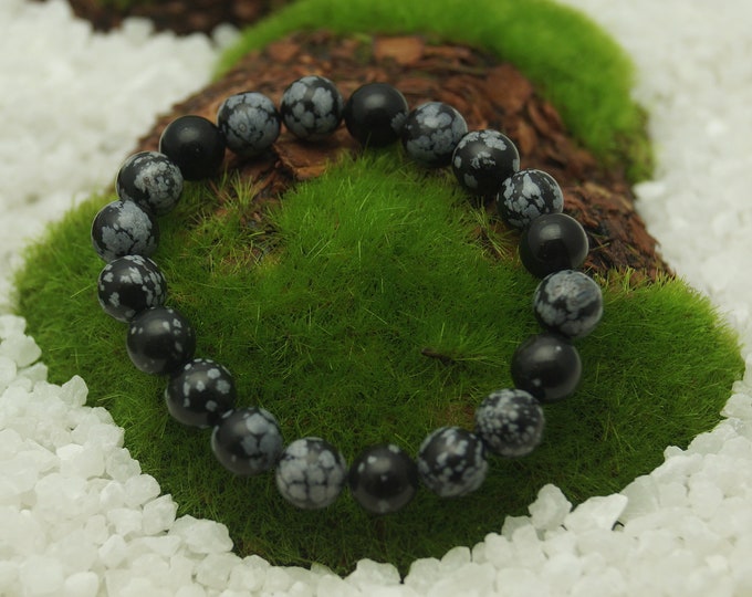 Natural Snowflake Obsidian Bead Bracelet Men or Women 8 mm / 0.314961" on Stretch Cord - From 152 mm to 228 mm / 6" to 9" Length