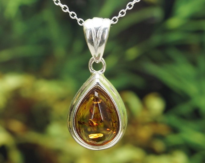 Amber Solid Sterling Silver Pendant and chain (chain options available) - Hallmarked