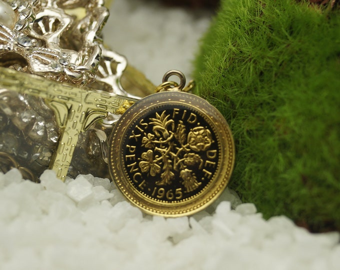 1965 Six Pence set in to 1953 One Shilling - Enamelled Coins Pendant and chain