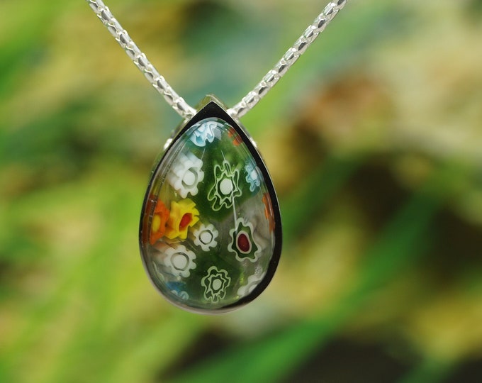 Murano Glass Teardrop Pendant For Ashes with Sterling Silver chain options - floral