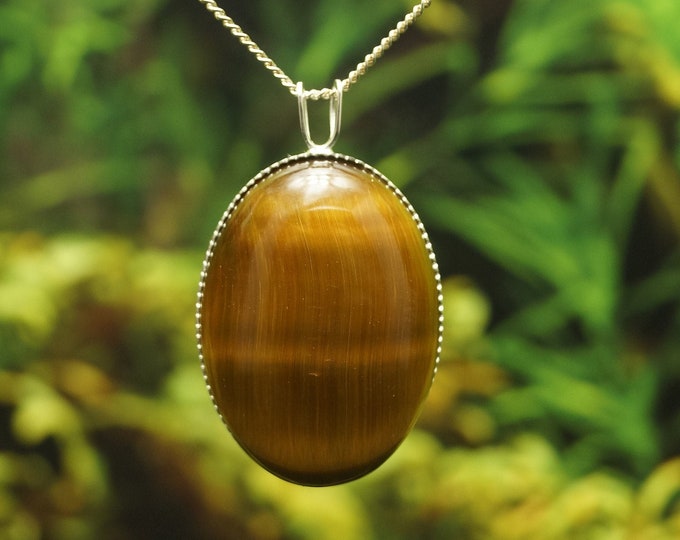 Tiger Eye Solid Sterling Silver Milled Edge Pendant and chain (chain options available) - Hallmarked 925 - Gift idea