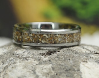 Natural beach Sand Inlay Tungsten Wedding Band 4 mm, 6 mm or  8 mm Wide Rings - Unique Ring