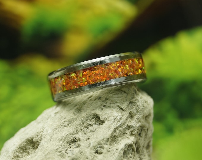 Fire Opal Tungsten Wedding Band - 4 mm, 6 mm or 8 mm wide rings - Unique Ring
