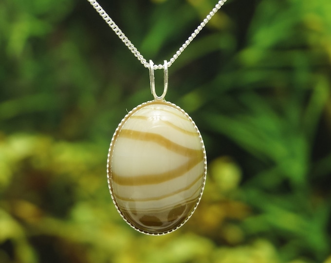 Brown Agate Solid Sterling Silver Milled Edge Pendant and chain (chain options available) - Hallmarked 925 - Gift idea