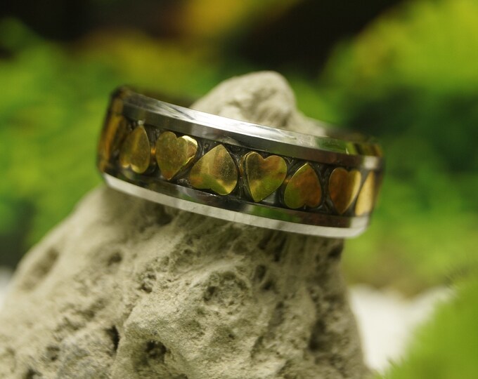 Gold Hearts Inlay Tungsten Band - 18ct gold plated 'Hearts Together' Inlaid in Tungsten Ring Core
