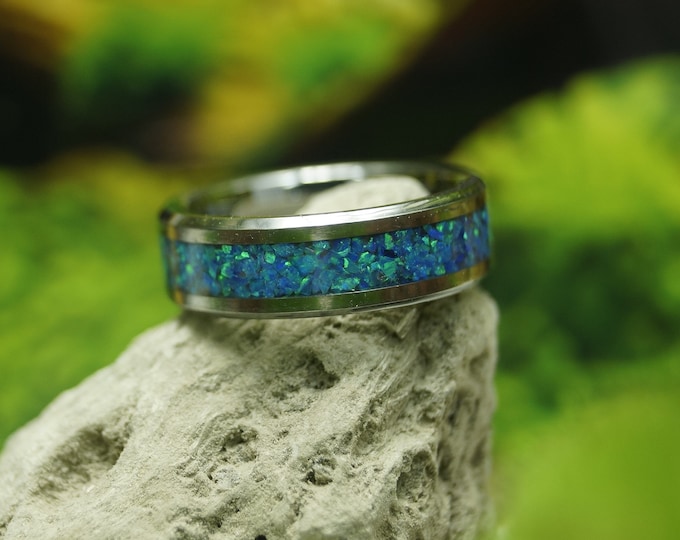 Blue Pacific Opal Tungsten Wedding Band - 4 mm, 6 mm or 8 mm wide ring - Unique Ring
