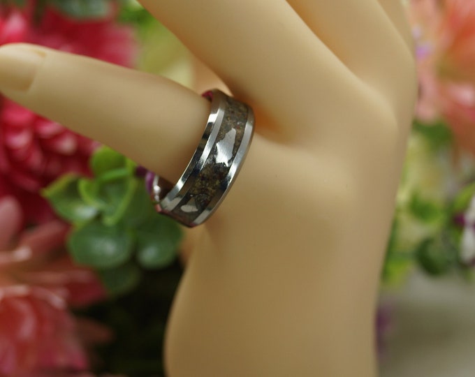 Magalodon Tooth, Meteorite and Black Opal Ring Tungsten Wedding Band - 4 mm, 6 mm or 8 mm wide rings - Unique Ring