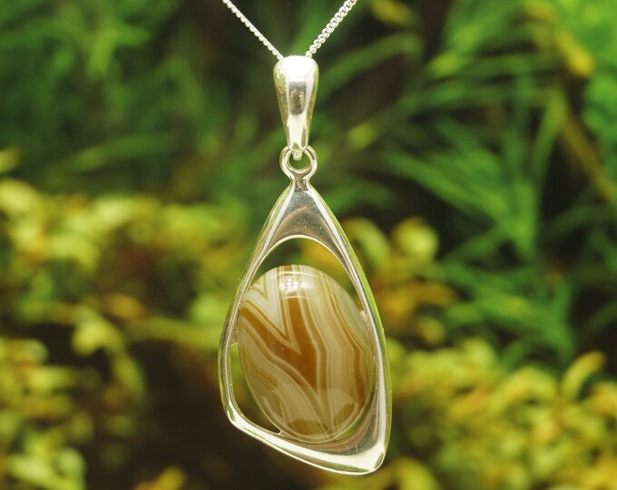 Brown Agate Solid Sterling Silver Pendant and chain with chain style options
