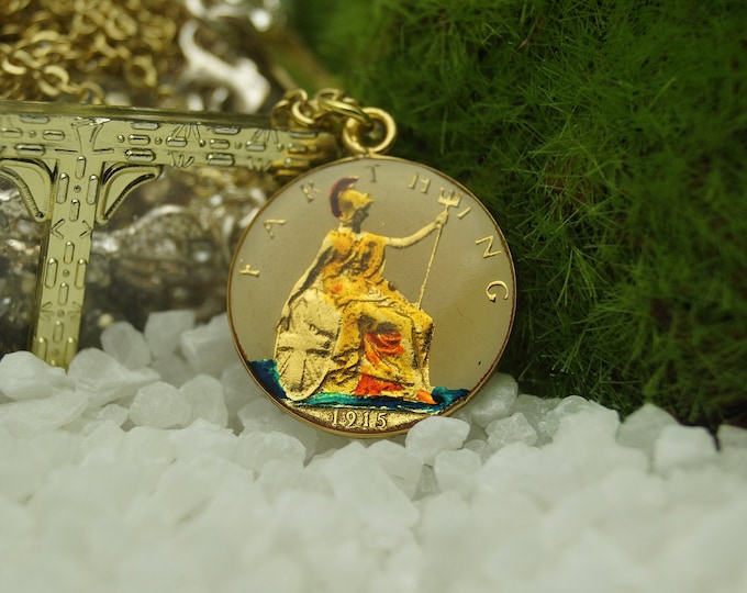 1915 Farthing - Enamelled Coin Pendant and Chain