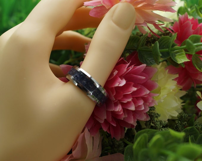 Dark Blue Goldstone  Inlay Tungsten Carbide Wedding Band 4 mm, 6 mm or 8 mm wide ring - Unique Ring