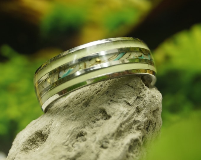 Tungsten Green Glow Hawaiian Abalone Shell Ring - 8mm Tungsten Glow Ring