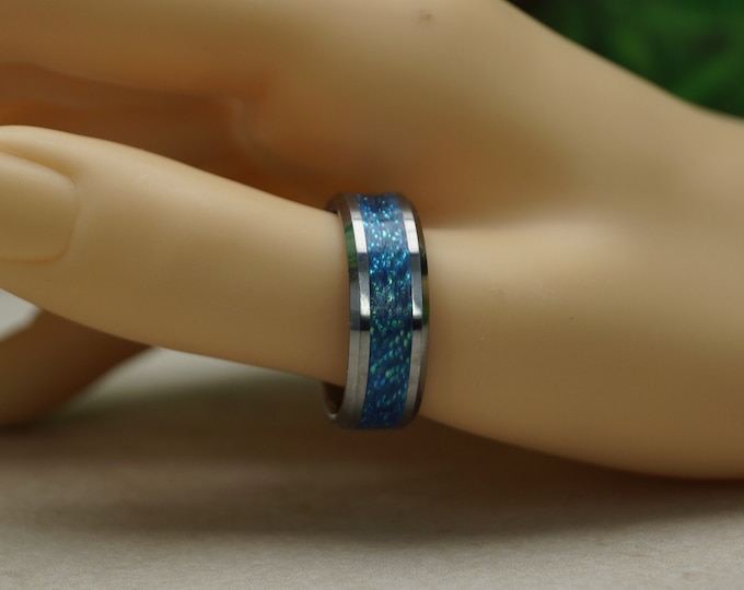 Blue Lure Fishing Inlay Tungsten Ring - Available 4 mm, 6 mm or 8 mm Wide Ring