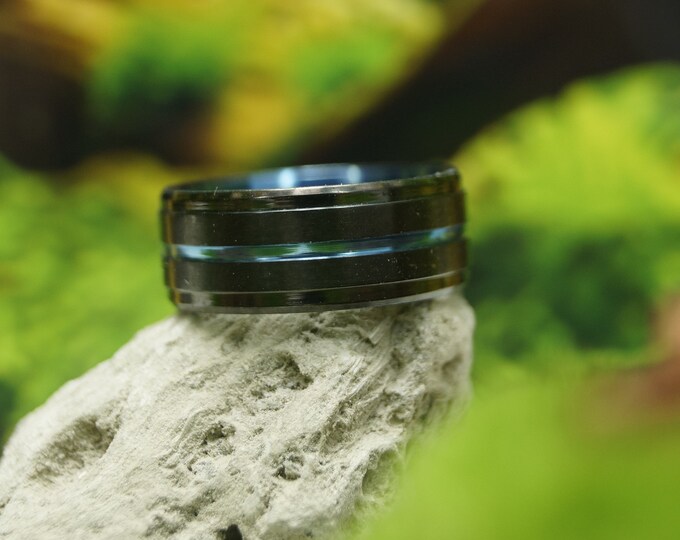 Black Tungsten Brushed Ring With Thin Blue Line Wedding Band Ring