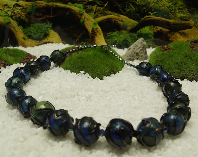 Glass Necklace - Handmade Green and Blue Glass Bead Necklace - 21" / 535 mm long