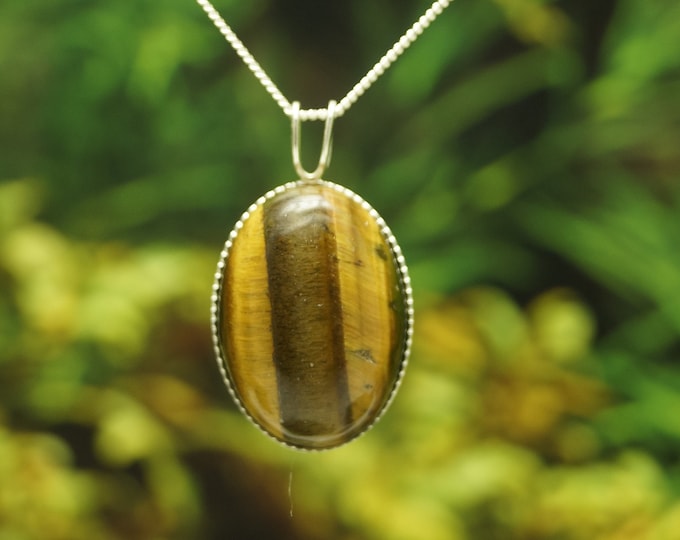 Tiger's Eye Solid Sterling Silver Milled Edge Pendant and chain (chain options available) - Hallmarked 925 - Gift idea