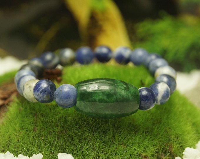Natural Sodalite and Jade Bracelet for Men or Women 8 mm / 0.314961" Stretch Cord - From 152 mm to 228 mm / 6" to 9" Length