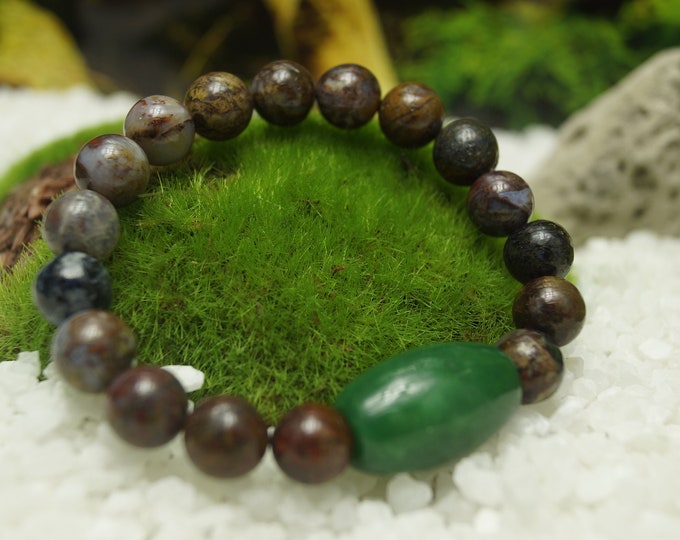 Natural Pietersite and Jade Bead Bracelet Men or Women 10 mm / 0.393701" beads on Stretch Cord - From 152 mm to 228 mm / 6" to 9" Length