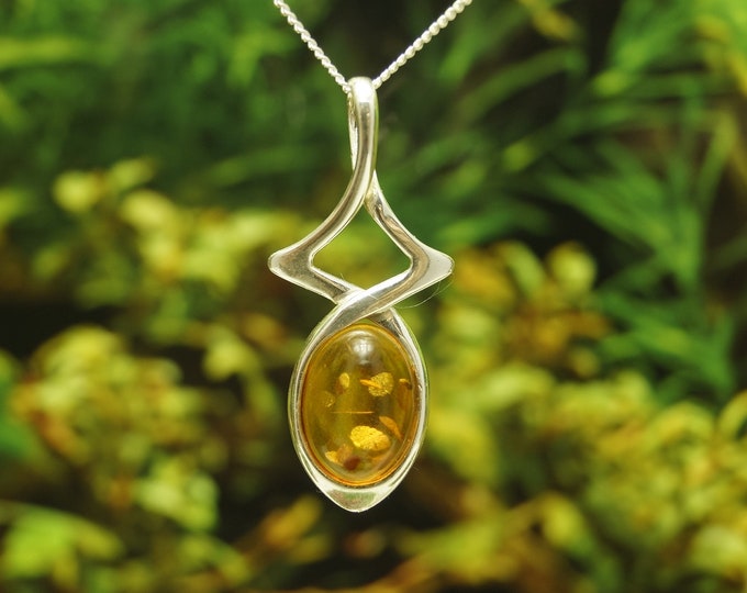 Amber Solid Sterling Silver Pendant and chain (chain options available) - Hallmarked