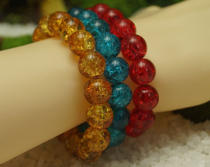 Natural Cracked Quartz Beaded Bracelet 12 mm Colour Options Red, Orange or Blue on Stretch Cord From 152 mm to 228 mm / 6" to 9" Length