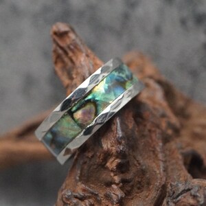 Abalone Faceted Tungsten Ring Unique Wedding Ring - 8 mm Hammered Ring, - His and Hers Ring - Tungsten wedding bands