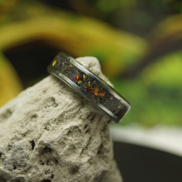 Fire Opal & Peacock Ore Inlay Tungsten Band 4 mm, 6 mm or 8 mm wide ring - Unique Ring