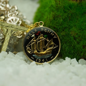 1941 Half Penny - Enamelled Coin Pendant and Chain