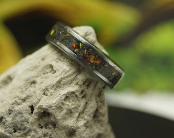 Fire Opal & Peacock Ore Inlay Tungsten Band 4 mm, 6 mm or 8 mm wide ring - Unique Ring