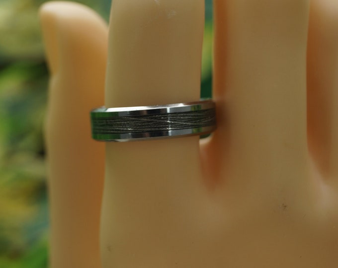 Silver Fishing Line Inlay Tungsten Ring - Available 4 mm, 6 mm or 8 mm Wide Ring