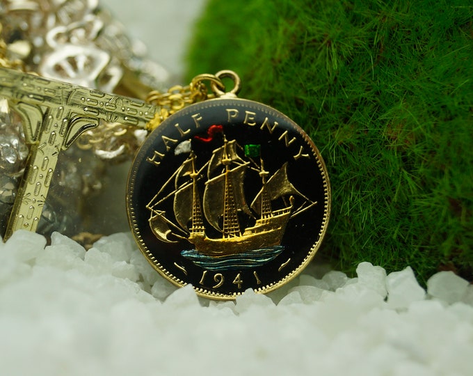 1941 Half Penny - Enamelled Coin Pendant and Chain