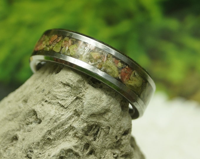 Unakite Tungsten Wedding Band - 4 mm, 6 mm or 8 mm wide rings - Unique Ring