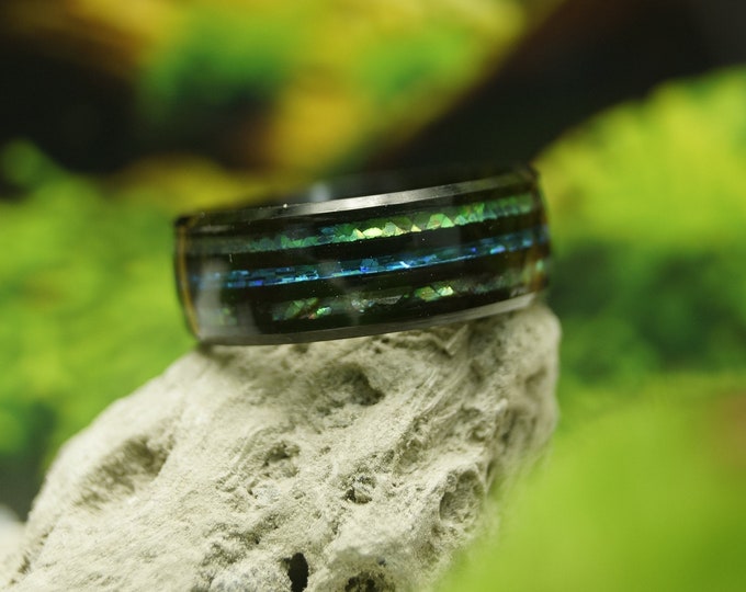 Black Tungsten Abalone Ring with Blue Opal  Tungsten Wedding Bands 8 mm His and Hers Ring Unique Ring