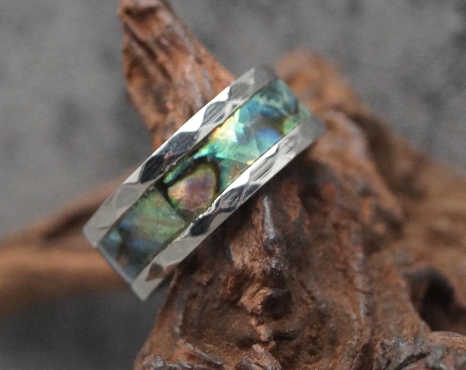 Abalone Faceted Tungsten Ring Unique Wedding Ring - 8 mm Hammered Ring, - His and Hers Ring - Tungsten wedding bands