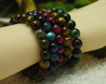 Natural Tiger Eye Beaded Bracelet: Gemstone Stretch Cord Bracelet