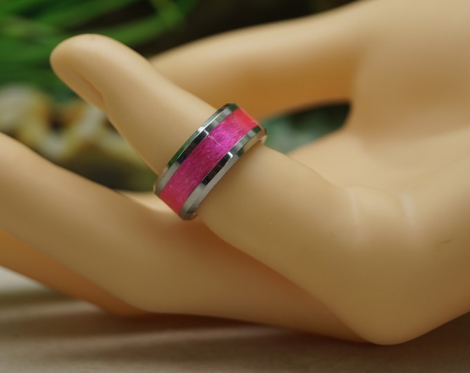 Glow Pink Fishing Line Inlay Tungsten Ring - Available 4 mm, 6 mm or 8 mm Wide Ring