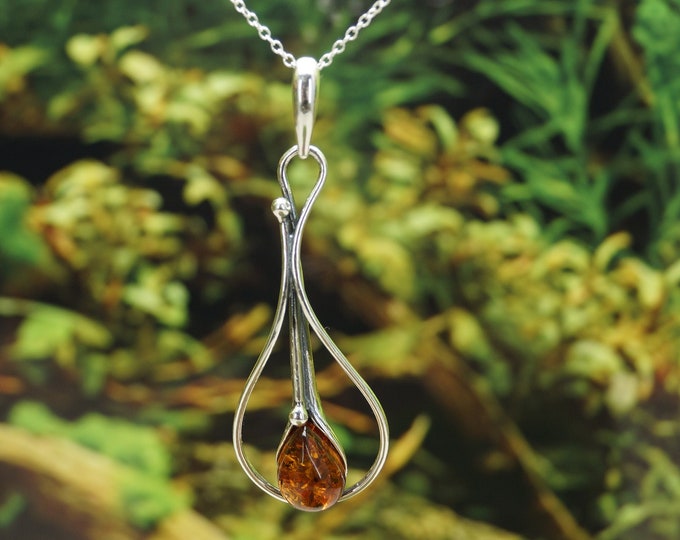 Amber Solid Sterling Silver Pendant and chain (chain options available) - Hallmarked