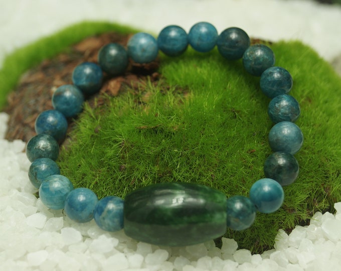 Natural Apatite and Jade Bead Bracelet for Men or Women 8 mm / 0.314961" on Stretch cord - From 152 mm to 228 mm / 6" to 9" Length
