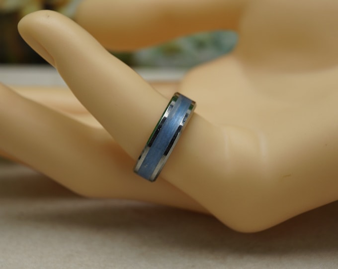 Light Blue Fishing Line Inlay Tungsten Ring - Available 4 mm, 6 mm or 8 mm Wide Ring