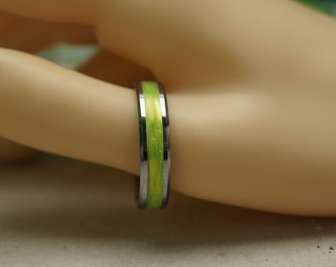 Glow Yellow Fishing Line Inlay Tungsten Ring - Available 4 mm, 6 mm or 8 mm Wide Ring