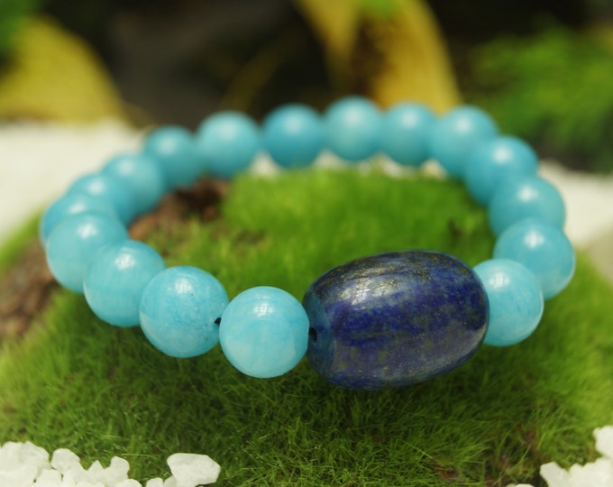 Natural Larimar and Lapis Gemstone Bracelet Larimar Stone beaded bracelet, 10 mm / 0.393701" on Stretch cord
