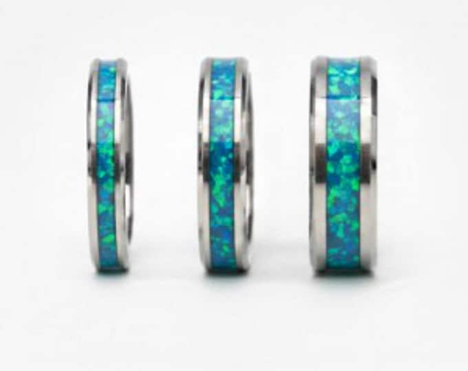 Blue Pacific Opal Tungsten Ring - Unique Wedding Band