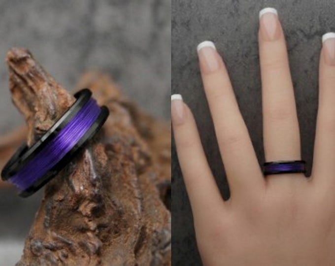 Purple fishing Line Black Ceramic ring inlaid with Genuine Purple fishing Line Wedding Band 4 mm, 6 mm or 8 mm wide ring.