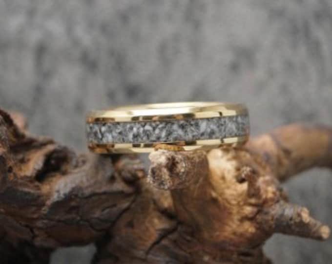 Gold Tungsten Ring with Zebra Calcite Inlay – UV Glow Ring - Wedding Band (4mm, 6mm, 8mm)