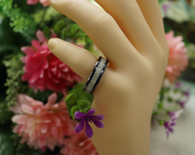 Black Ceramic ring inlaid with Natural beach Sand from Bridgetown Barbados, Wedding Band 4 mm, 6 mm or  8 mm Wide Rings - Unique Ring